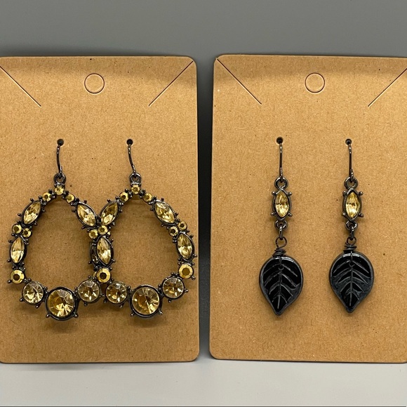 Champagne crystal earrings set gunmetal with leaf handmade - Picture 7 of 8